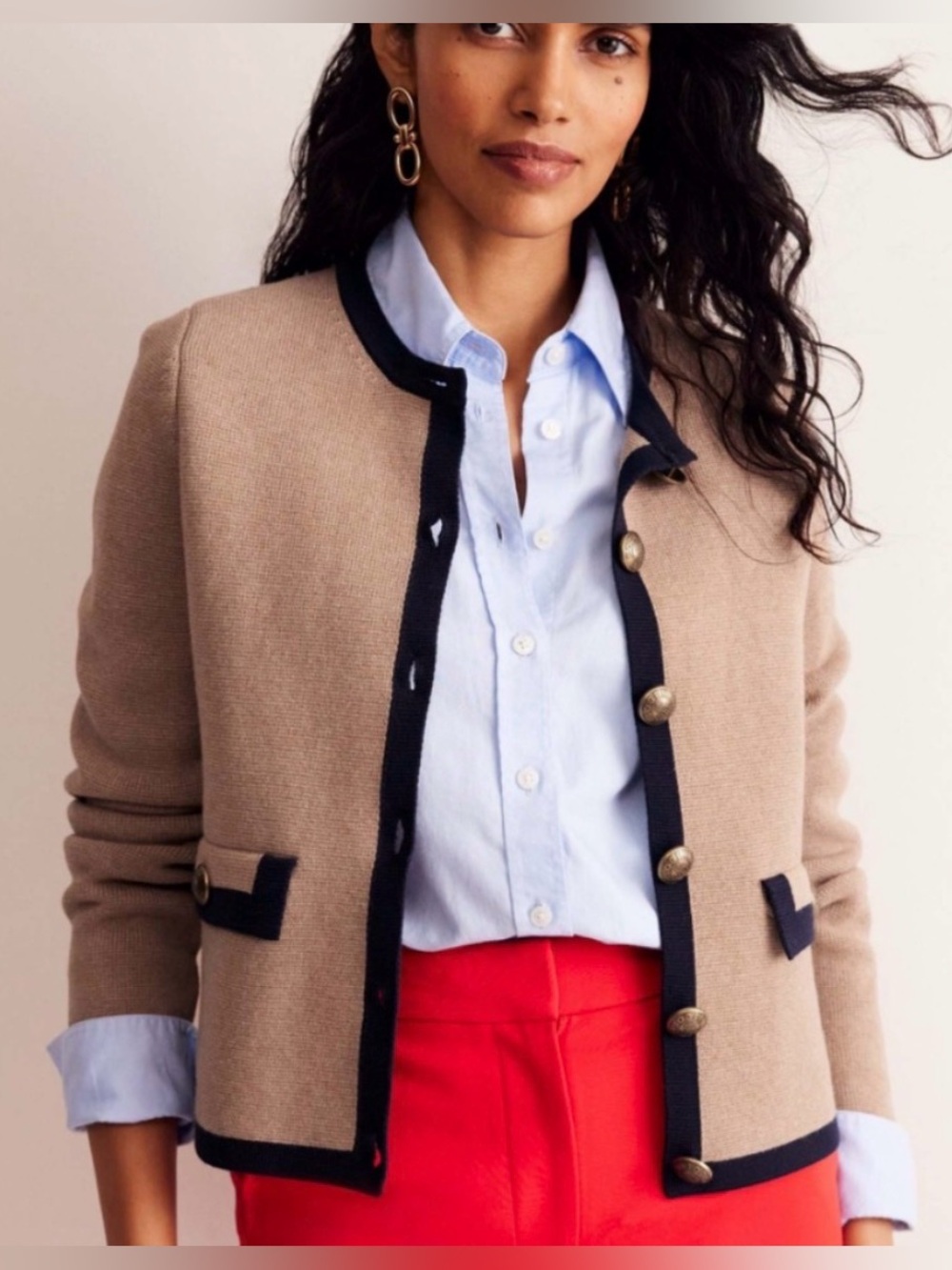 Boden Holly Knit Camel Navy Contrast-Trim Knit Jacket 14